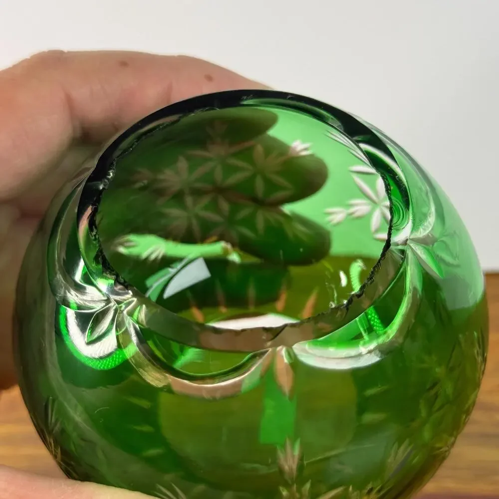Vintage Emerald Green Cut to Clear Bohemian Bowl Vase